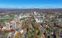 Aerial view of UMass Amherst's campus in autumn